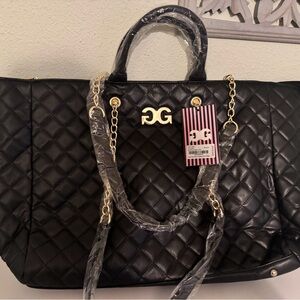 Black Quilted Handbag with Gold Accents